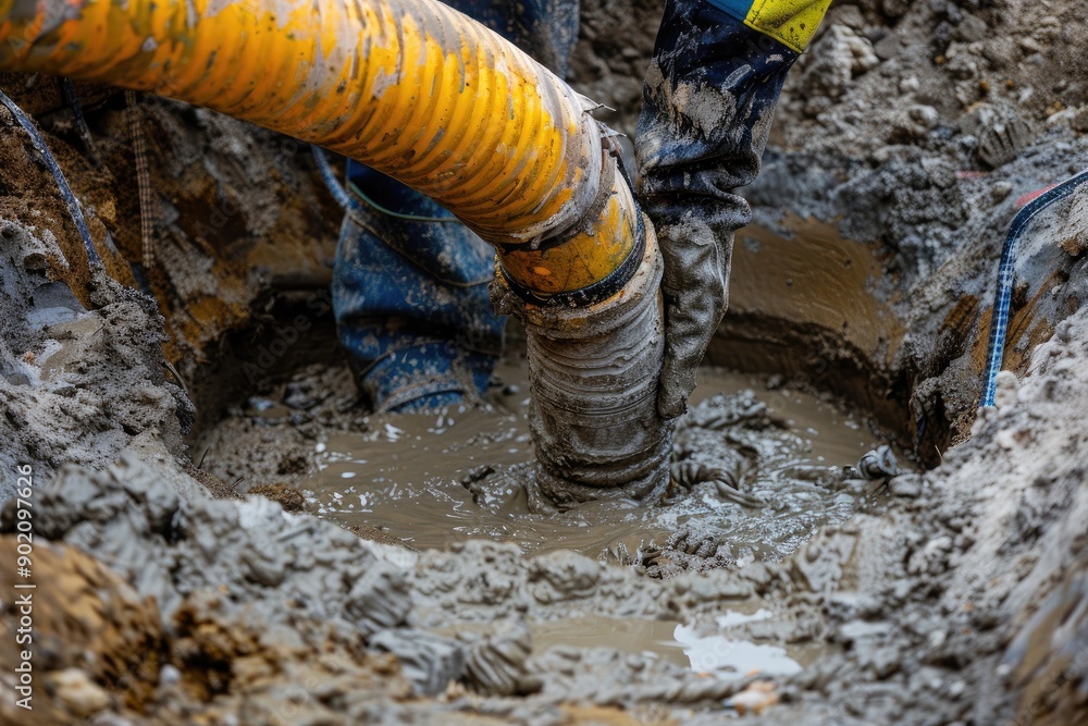 Poster a man is working on a pipe in a muddy area. the mud is thick and wet, making it difficult for the ma