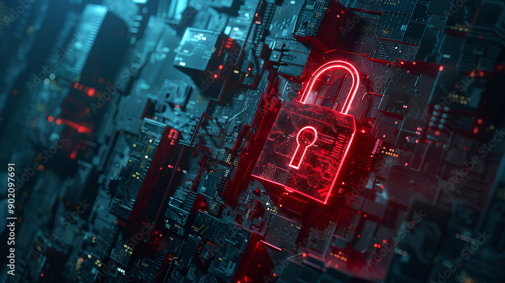 Poster hacker attack. security breach, system hacked, internet cyber attack alert with red broken padlock, 