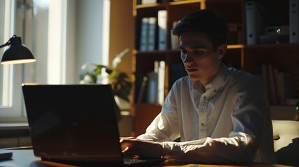 Fototapeta premium Career winner mindset Young freelance businessman working at home Confident dedicated male learning and educate himself for better opportunity in her business career work on laptop com : Generative AI