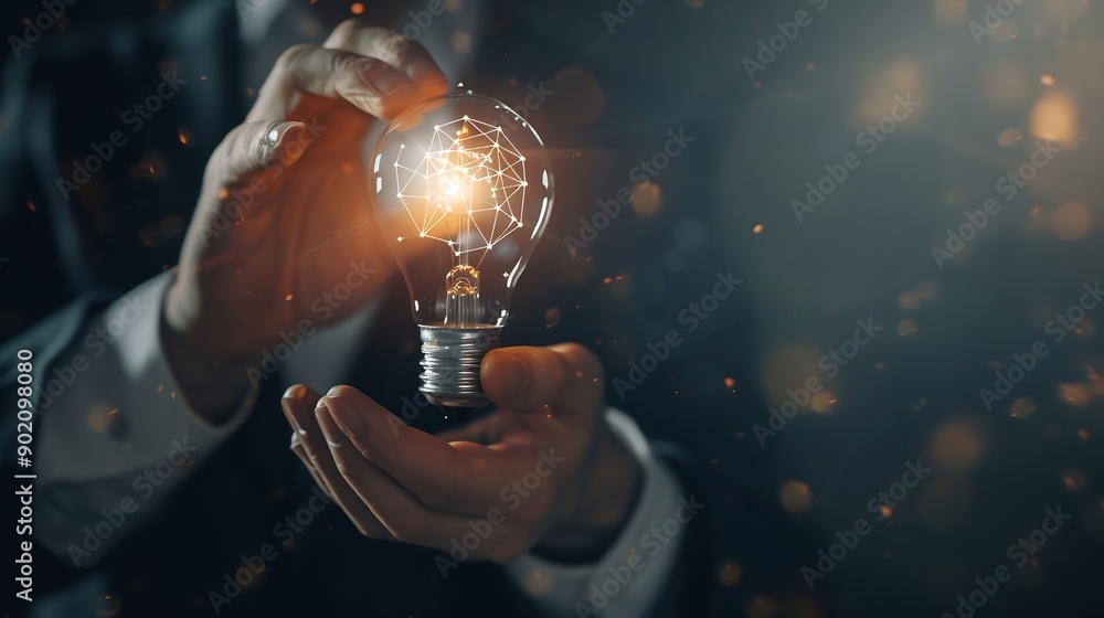 Poster AI Artificial Intelligence Technology concept Businessman holding a glowing lightbulb with AI symbol representing artificial intelligence technology innovation and future digital advan : Generative AI