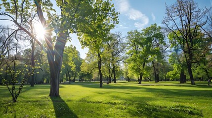 Obraz premium deciduous trees in the park on a sunny day trees growing in the park in spring : Generative AI