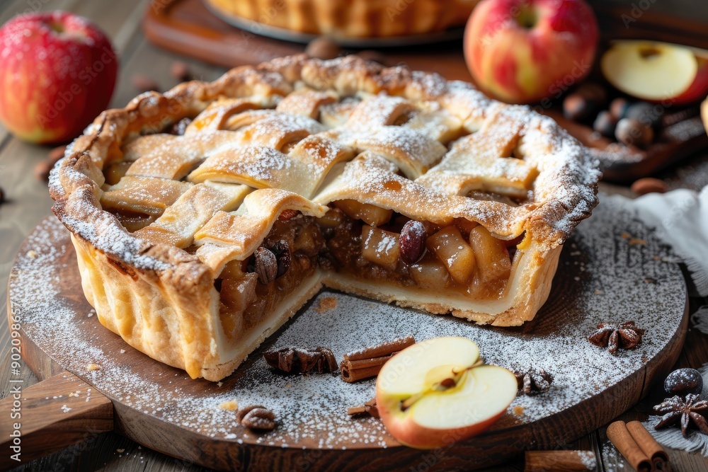 Poster a pie with a slice missing is on a wooden cutting board. the pie is covered in powdered sugar and su