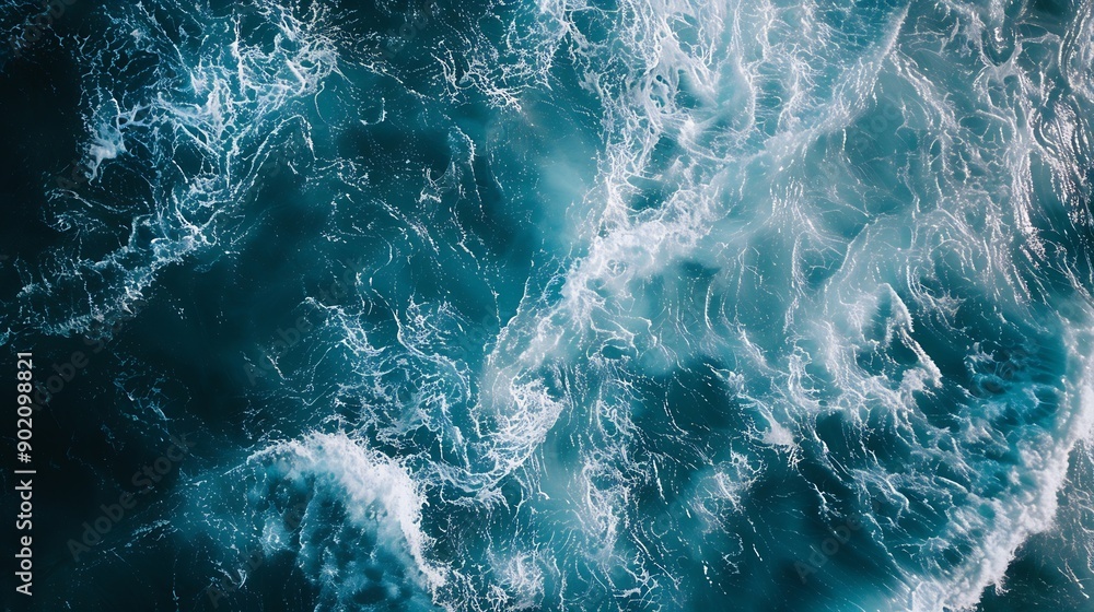 Poster overhead view turquoise stormy ocean waves with white foam in the oceansea water with splashes and f