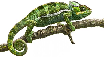 Obraz premium Isolated on white background Bright green Parsons chameleon Calumma parsonii huge colourful chameleon climbing up tree branch curled tail Wild animal Madagascar : Generative AI