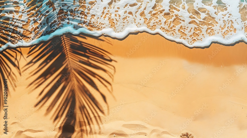 Poster empty abstract sand beach with palm leaf shadow and transparent water wave from above blank background banner for travel vacation and wellbeing with copy space : Generative AI
