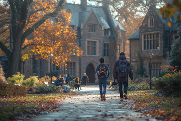 Two young men walk down a path in front of a large brick building
