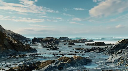 Fototapeta premium Unique botanical beach with a large rugged rocks leading the eye towards the tidal pools and distant ocean : Generative AI