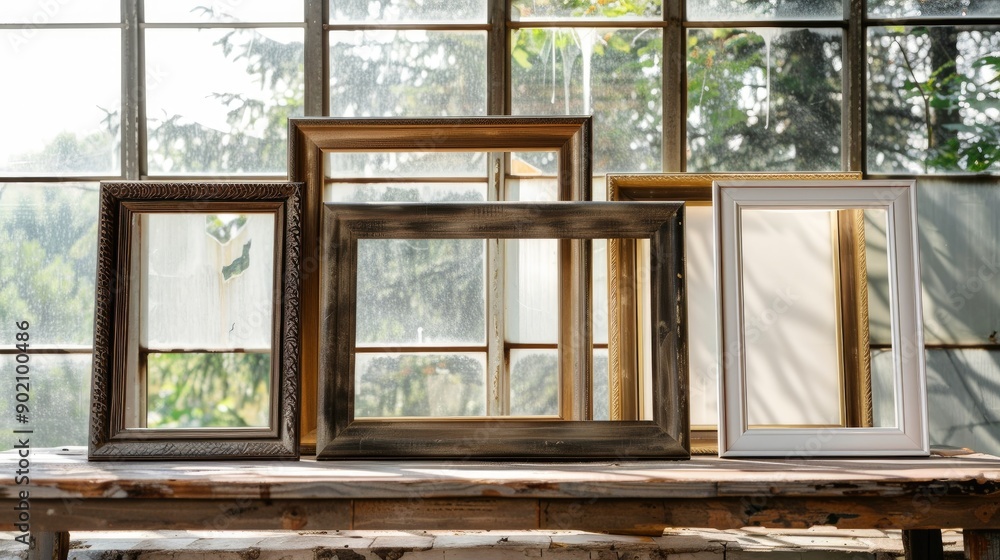 Poster empty picture frames displayed on the table