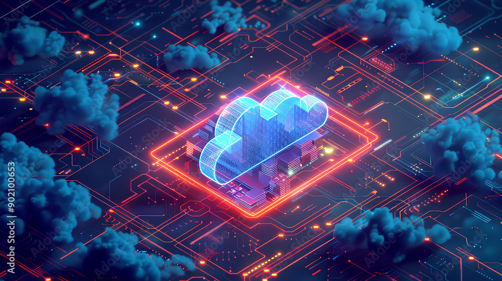 Canvas Prints isometric cloud storage for downloading, representing a digital service or application facilitating 
