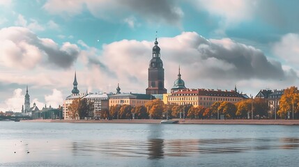Fototapeta premium Panorama of Riga with a focus on the building of the latvian academy of sciences or latvijas zinatnu akademija Its a vintage skyscraper a landmark of soviet stalinist architecture in R : Generative AI