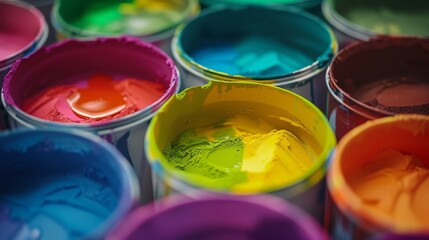 a group of paint cans with different colors
