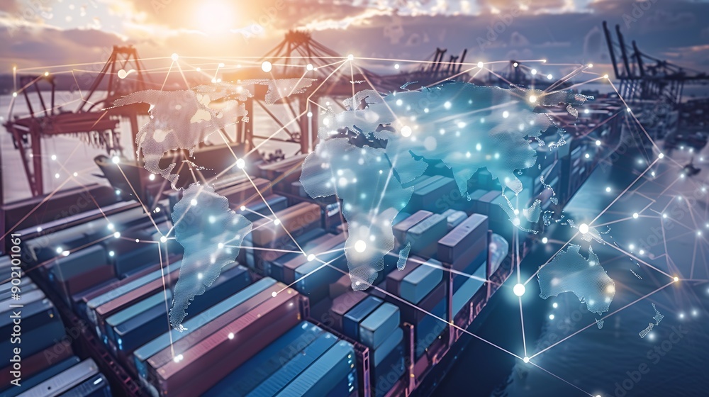 Poster World map with logistic network distribution on background Logistic and transport concept in front Container Cargo freight ship for Concept of fast or instant shipping Online goods ord : Generative AI