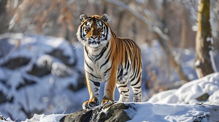 Obraz premium Careful amur tiger is standing on a white snow and looking away Siberian tiger Panthera tigris tigris Animals in wildlife : Generative AI