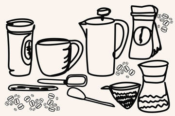 Cup of coffee or tea. Continuous one line drawing.Vector illustration, Simple flat graphics for cafe, cafe, coffee takeaway concepts. vector instruction with espresso machine, filter, french press.