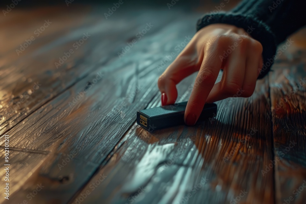 Poster a hand is touching a small object on a wooden surface. the object is a usb flash drive. scene is cal