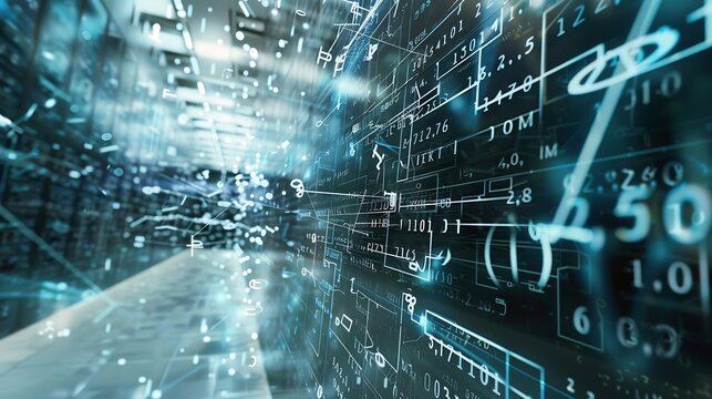 Image of mathematical equations and data processing over server room Global technology computing and digital interface concept digitally generated image : Generative AI - Powered by Adobe