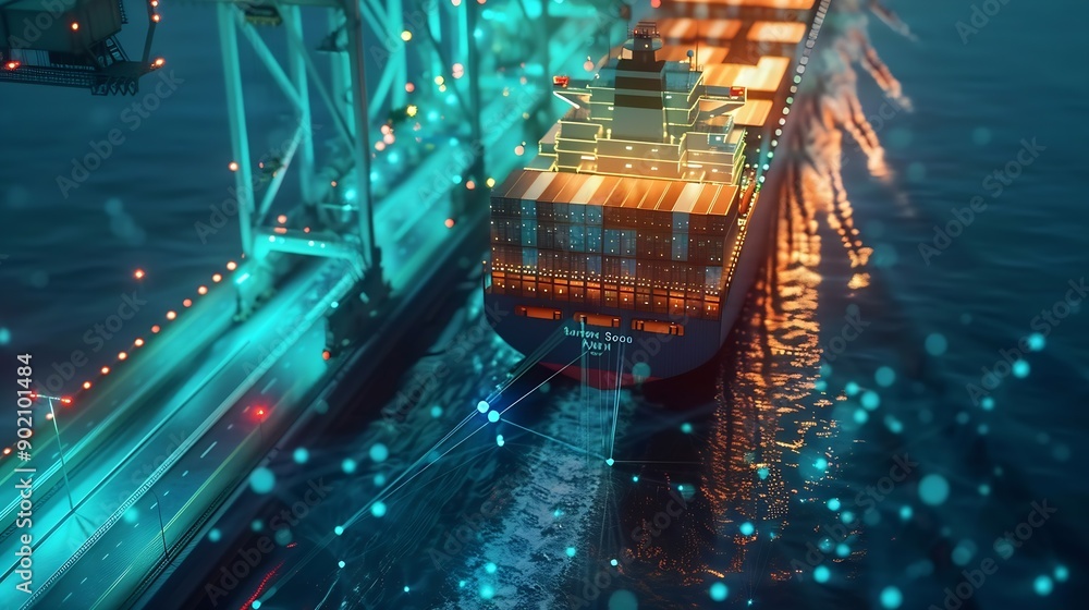 Poster Artificial intelligence container Ship wtih Earth Data science and big data technology for transportation logistics shipping tracker transportation computing analysing : Generative AI