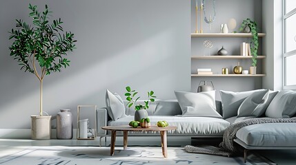 Stylish interior of living room with grey sofa coffee table shelving unit and olive tree : Generative AI