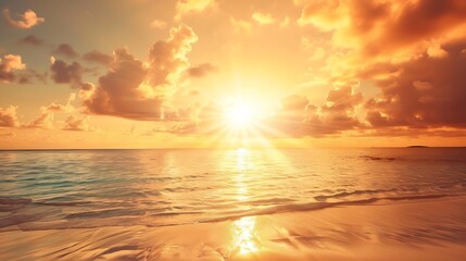 Fototapeta premium Sunset on tropical beach sea ocean with sunrise clouds Banner for travel vacation Scenery sky and reflection rays in water Orange and golden sunset sky calmness tranquil sunlight summe : Generative AI