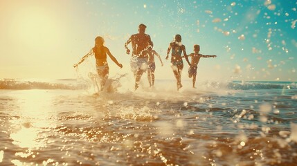 Running water splash and happy family at beach with fun bonding or freedom on summer vacation and holiday Travel energy or kids with parents at ocean for adventure journey or games in  : Generative AI