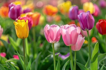 A field of colorful tulips with a bright green background. The tulips are in various shades of pink and yellow, creating a vibrant and cheerful scene