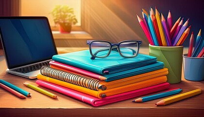 A stack of colorful notebooks and pencils sit on a wooden desk with glasses and a laptop in the background.