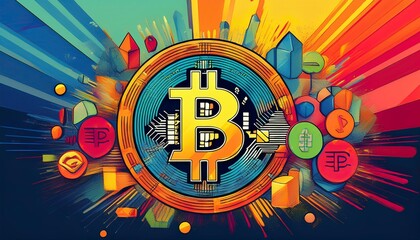 Cryptocurrency symbols as digital art, pop art, bright primary colors, 2D illustration, bold, playful and abstract interpretations