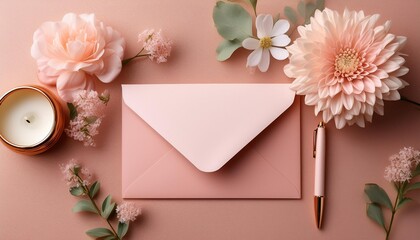 Elegant stationery set with a blush pink envelope, blank card, pen, and decorative flowers on a soft background.