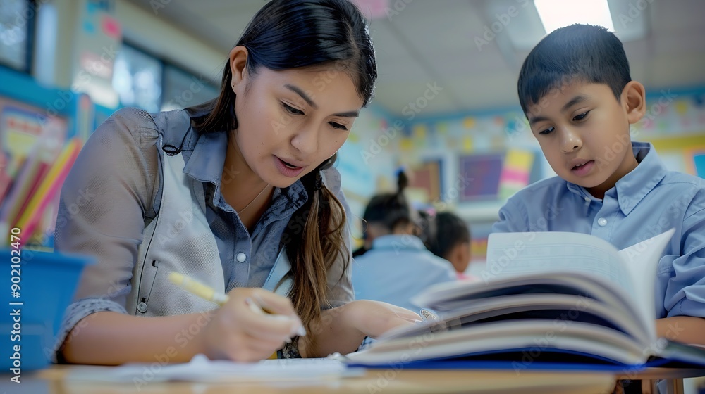 Aufkleber teacher helping latin boy with assignment in elementary school classroom support scholarship and edu