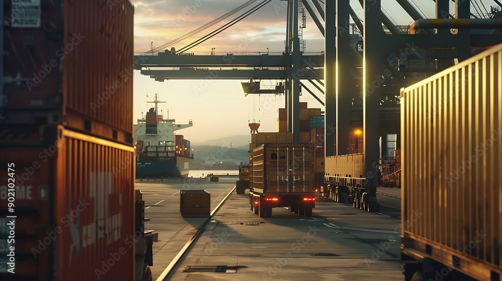 Leinwandbilder container truck in ship port for business logistics and transportation of container cargo ship and c