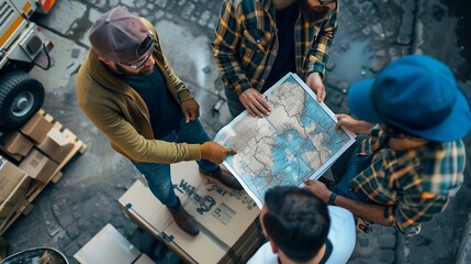 Logistics Professionals Strategizing Delivery Routes with a Detailed Map