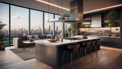 Modern kitchen with an open floor plan, a large island, and floortoceiling windows overlooking a cityscape, Modern, 3D Rendering