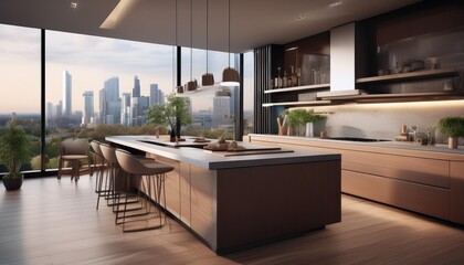 Modern kitchen with an open floor plan, a large island, and floortoceiling windows overlooking a cityscape, Modern, 3D Rendering