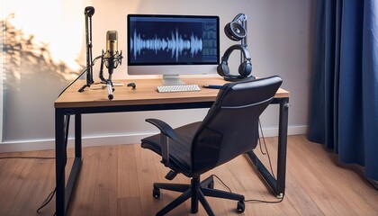 Modern podcast recording setup with computer, microphone, and headphones on a desk in a soundproofed room.