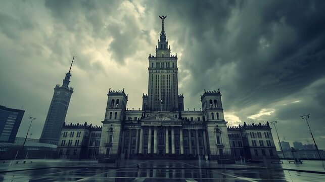 Palace of Culture and Science central square of Warsaw capital of Poland : Generative AI