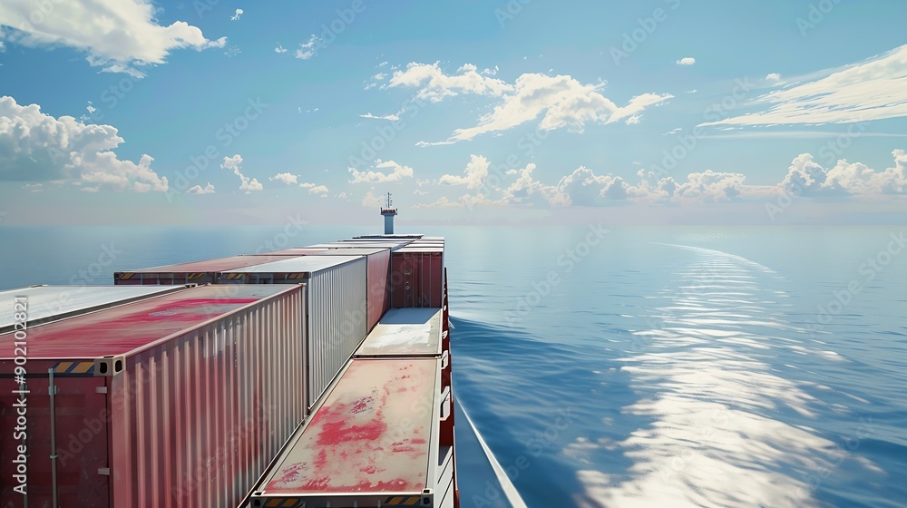 Aufkleber view on the containers loaded on deck of the large cargo ship she is sailing through calm blue ocean