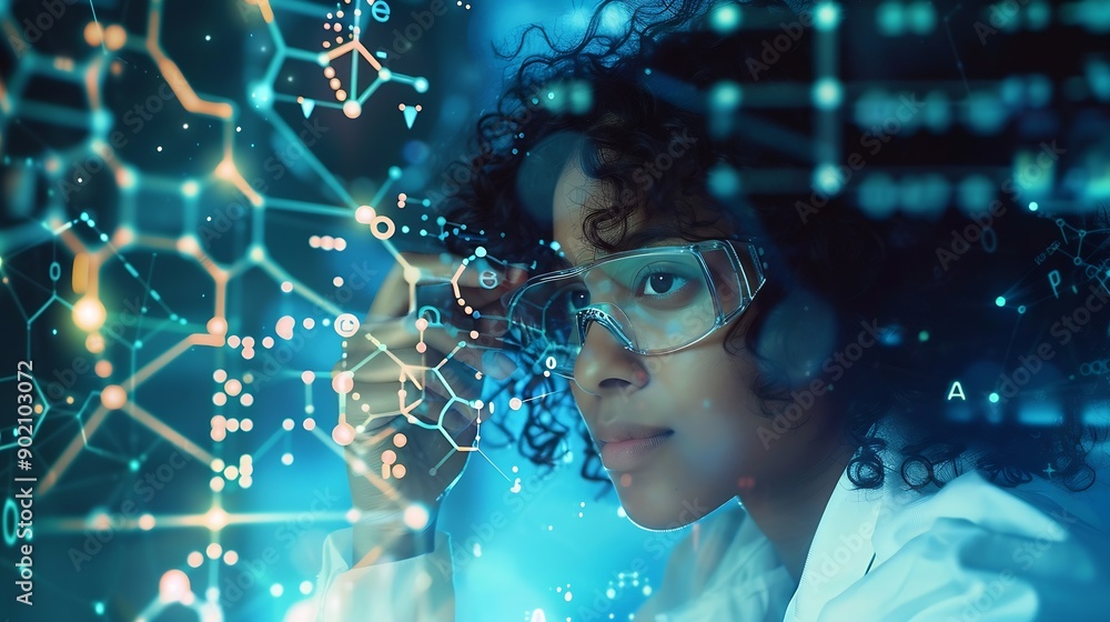Aufkleber Image of data processing and chemical formula over biracial schoolgirl global science data processing and digital interface concept digitally generated image : Generative AI