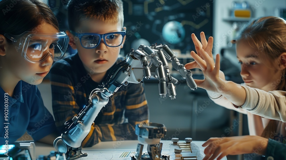Poster smart boy and two talented girls making a presentation about a giant mechanical hand that moves on h