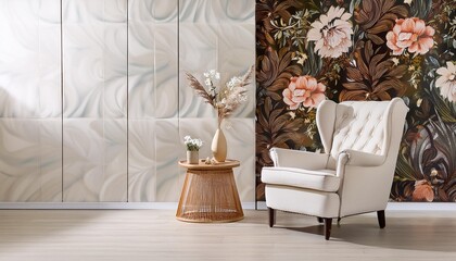 The image shows a living room with a floral wallpaper and a white armchair