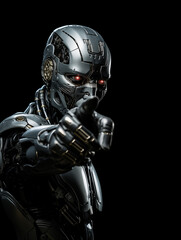 Naklejka premium Humanoid Robot Pointing Finger and Thumb Raised, on White Background, Image for Creative Advertisements, Banners, and General Advertising
