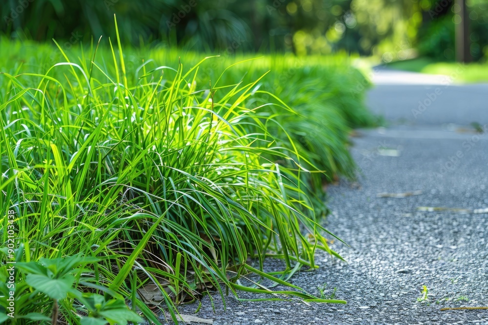 Poster a path with a grassy area on the side. the grass is green and the path is made of concrete