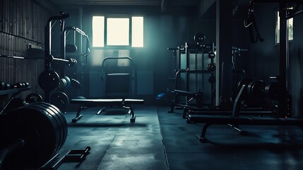 Obraz premium Dark gym interior with sports equipment empty room in the morning : Generative AI