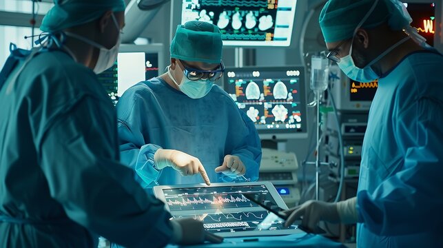 Image of cardiograph over diverse surgeons using tablet at hospital Medicine healthcare and digital interface concept concept digitally generated image : Generative AI