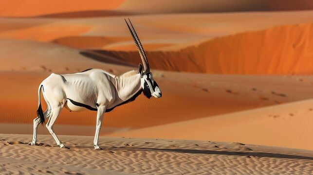 Arabian Oryx in the red sands desert conservation area of Dubai United Arab Emirates : Generative AI
