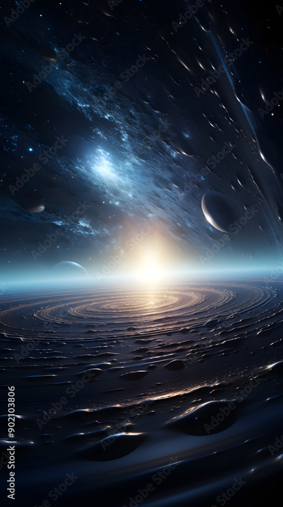 Poster a mesmerizing view of an alien planet with a swirling surface, illuminated by a distant sun and surr