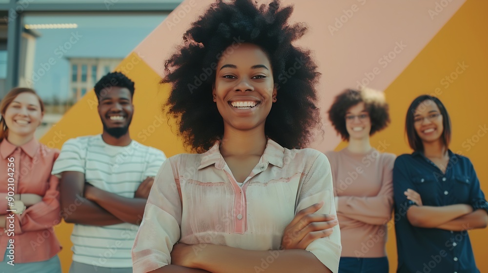 Poster arms crossed smile and portrait of employee group and creativity of writer female leader and startup