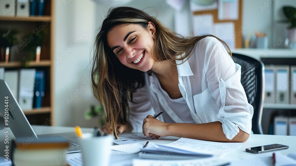 Aufkleber woman office and smile with writing notes or ideas with strategy planning and admin as hr manager fe