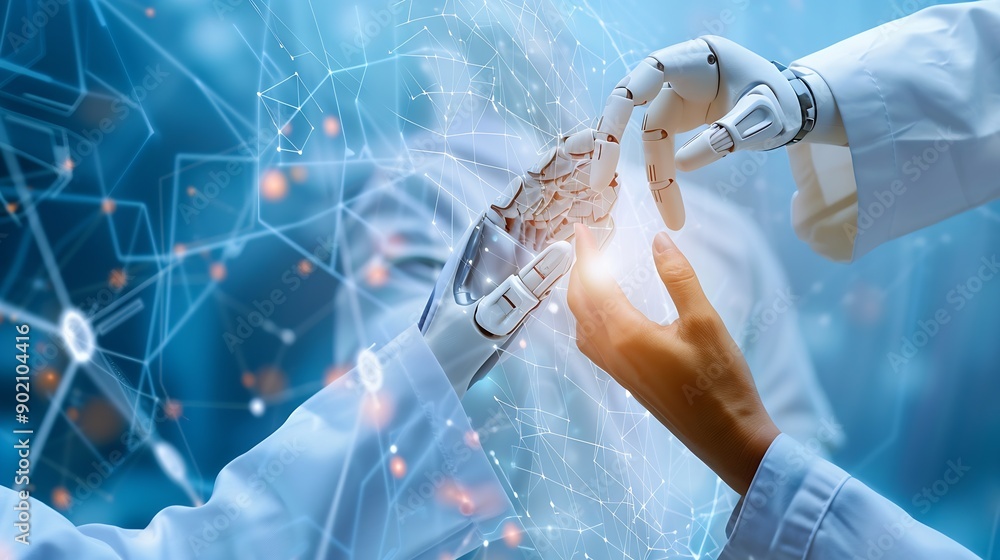 Poster Medical Ai Hands of robot and human touching on medical data network connection AI robot for diagnosis increasing accuracy patient treatment in future technology to improve patient hea : Generative AI