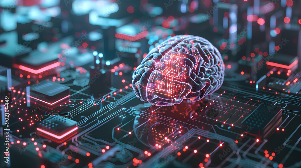 Poster neural circuit and electronic cyber brain in a quantum computing system, concept of artificial intel