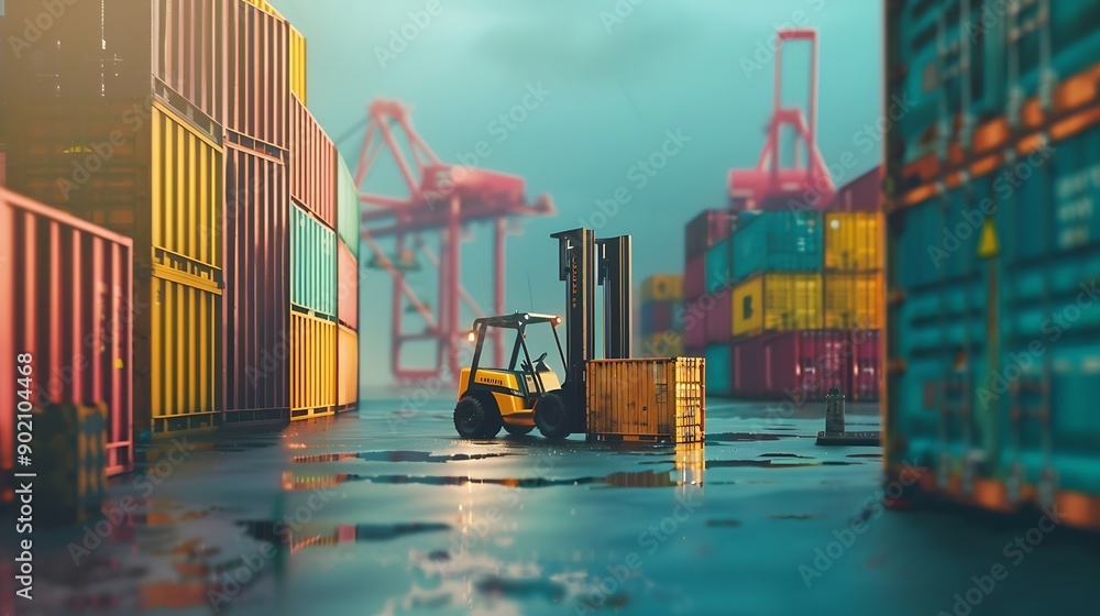 Poster Industrial Container Cargo freight ship forklift handling container box loading for logistic import export and transport industry concept : Generative AI